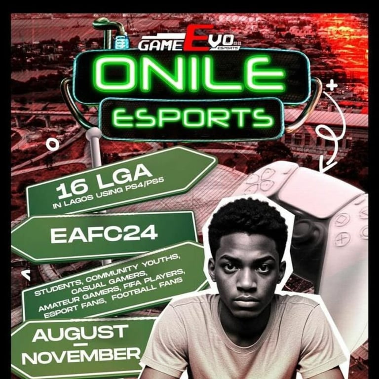 A man is posing for a picture in front of a sign that says "GAMEEVO ONILE ESPORTS".