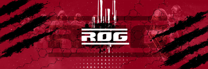 A red and white logo for ROG.