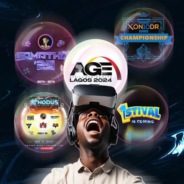 A man wearing headphones is shown with a VR headset on, and a sign that says "Age 22 Lagos 2024" is in front of him.