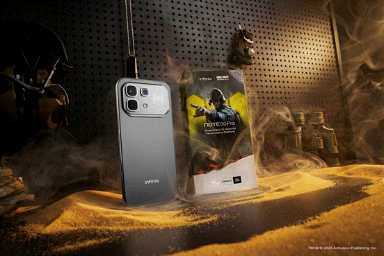 A silver cell phone sits next to a box for the Infinix NOTE 60 series.