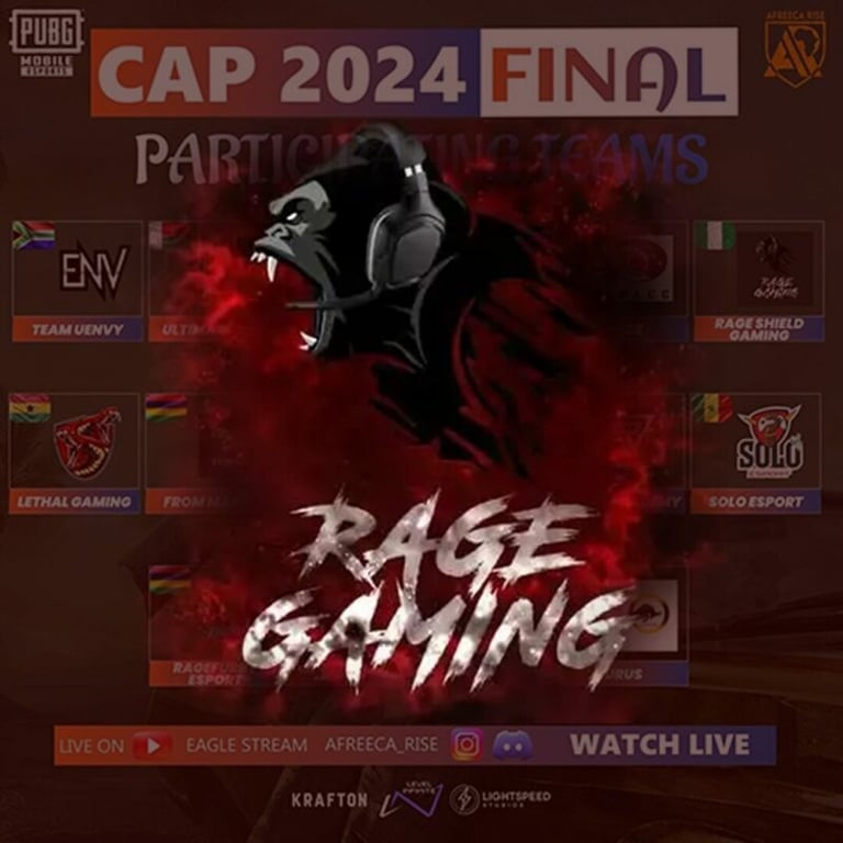 A gaming competition called CAP2024 is shown with a logo for Rage Gaming.