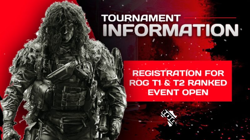 A man in a camouflage uniform stands in front of a sign that says "Tournament Information.