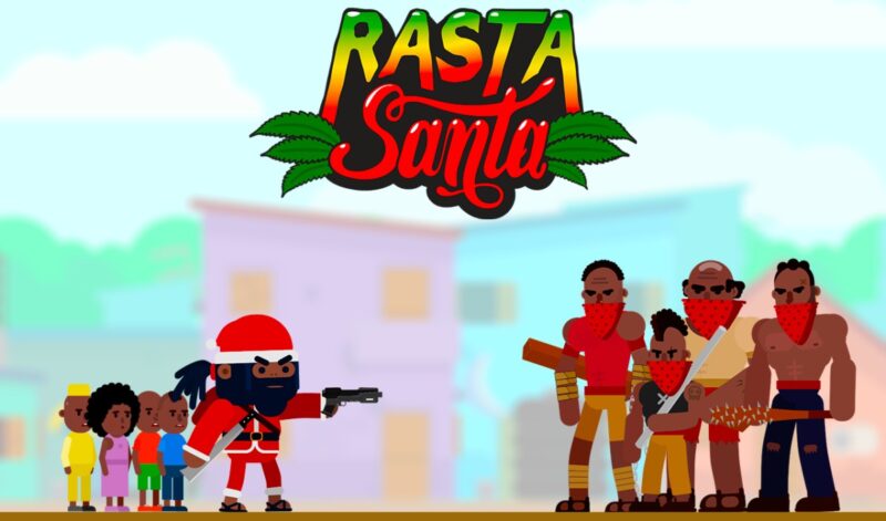 A man in a Santa suit is holding a gun and pointing it at a group of people.