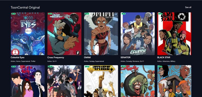 A collection of comic books and animations are displayed on a screen.