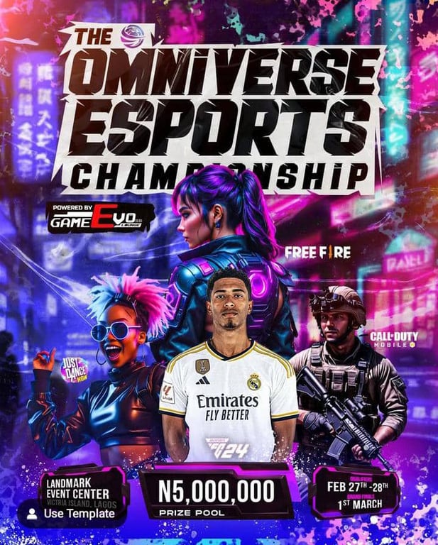 A man in a white jersey is standing in front of two women in a video game advertisement.