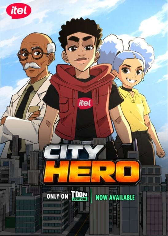 A cartoon of a man and two women with the words City Hero on it.